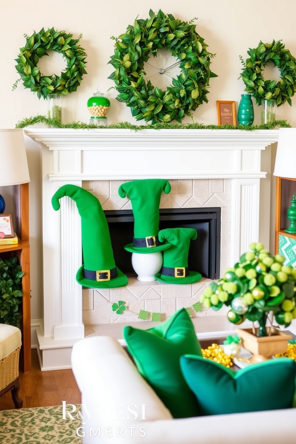 A charming living room adorned with whimsical leprechaun hats as decor. The hats are playfully arranged on the mantel, surrounded by green and gold accents that celebrate St. Patrick's Day.