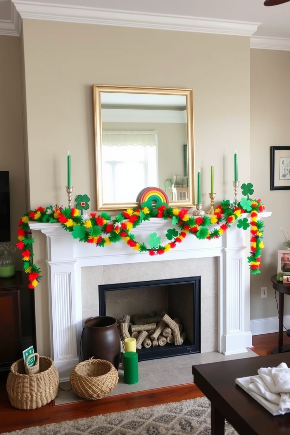 A cozy living room features a classic white mantel adorned with colorful rainbow accents to celebrate St. Patrick's Day. Brightly colored garlands and decorative shamrocks are draped across the mantel, while green and gold candles add a festive touch.