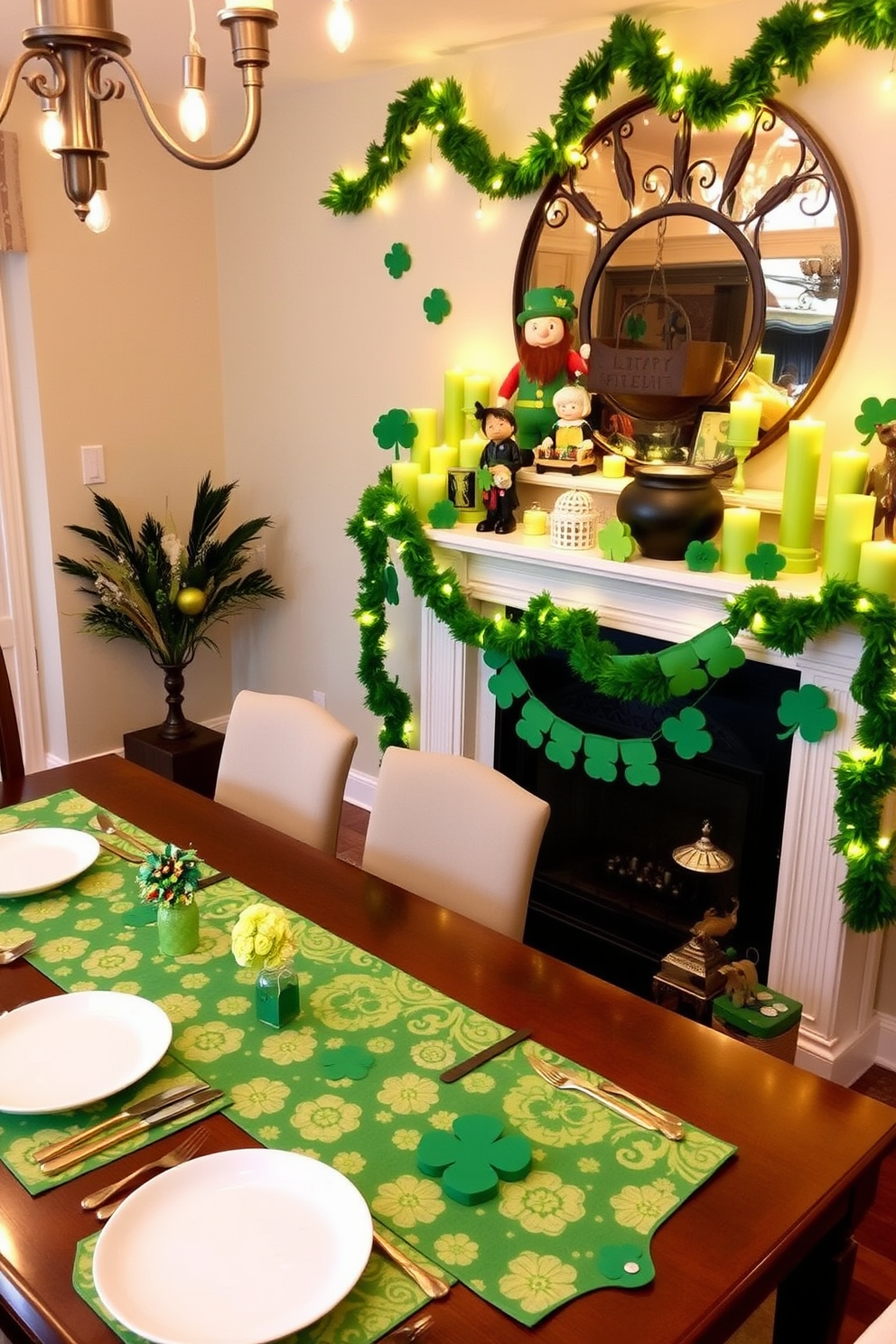 A festive dining table adorned with St Patricks Day themed table runners featuring vibrant green and gold patterns. The table is set with white dinnerware, gold utensils, and small shamrock centerpieces for a cheerful atmosphere. A beautifully decorated mantel showcasing St Patricks Day accents such as garlands made of green felt and twinkling fairy lights. The mantel is adorned with decorative elements like leprechaun figurines, green candles, and a large pot of gold for a whimsical touch.