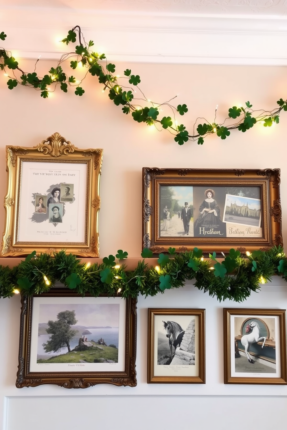 A charming display of vintage Irish postcards elegantly arranged in ornate frames. The frames are intricately designed, showcasing the rich history and culture of Ireland against a backdrop of soft, pastel-colored walls. Above the mantel, festive St. Patrick's Day decorations add a touch of whimsy and cheer. Green garlands intertwined with twinkling fairy lights create a warm and inviting atmosphere, perfect for celebrating the holiday.