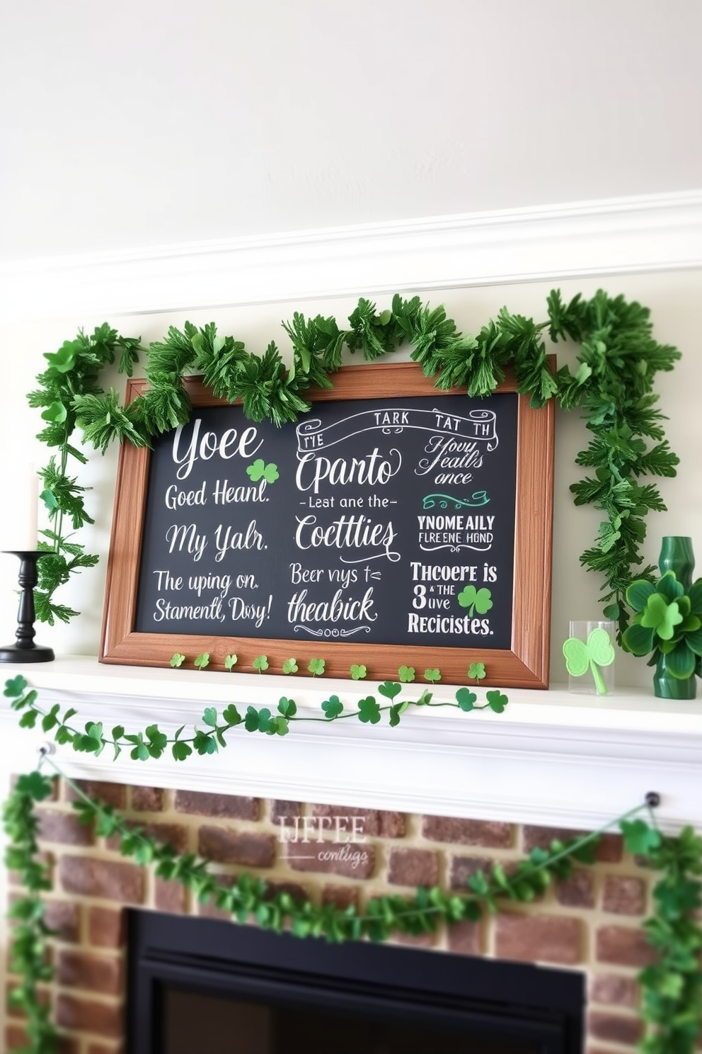 A cozy mantel adorned with chalkboard art featuring festive messages for St. Patrick's Day. The chalkboard is framed in rustic wood and surrounded by green garlands and small decorative shamrocks.