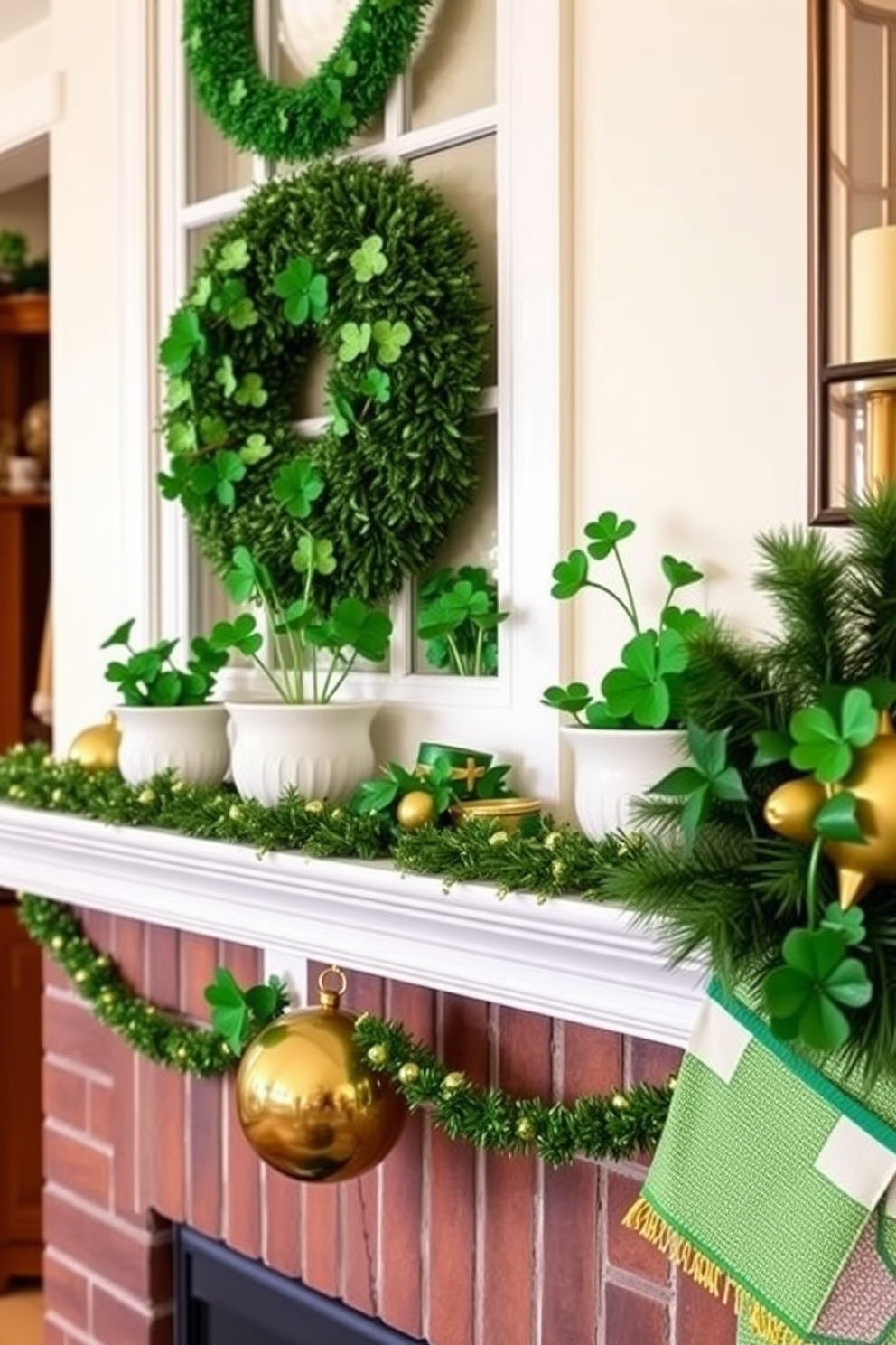 A cozy living room setting adorned for St. Patrick's Day. On the mantel, ceramic pots filled with lush shamrocks are arranged alongside festive green and gold decorations.