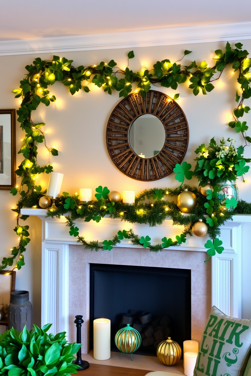 A cozy living room setting adorned with fairy lights intertwined with lush greenery. The soft glow of the lights creates a warm ambiance, while the vibrant leaves add a touch of nature to the space. A beautifully decorated mantel showcasing St. Patrick's Day themes. Green garlands, shamrock accents, and festive ornaments create a cheerful display that captures the spirit of the holiday.