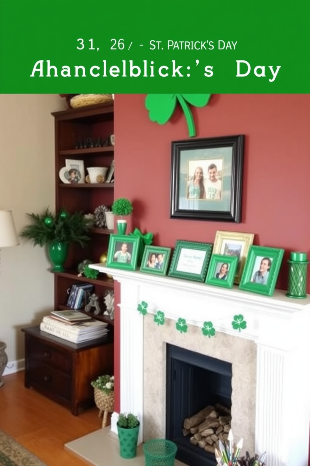 A cozy living room featuring a fireplace mantel adorned with festive St. Patrick's Day decorations. Framed family photos in green frames are arranged neatly on the mantel, adding a personal touch to the cheerful atmosphere.