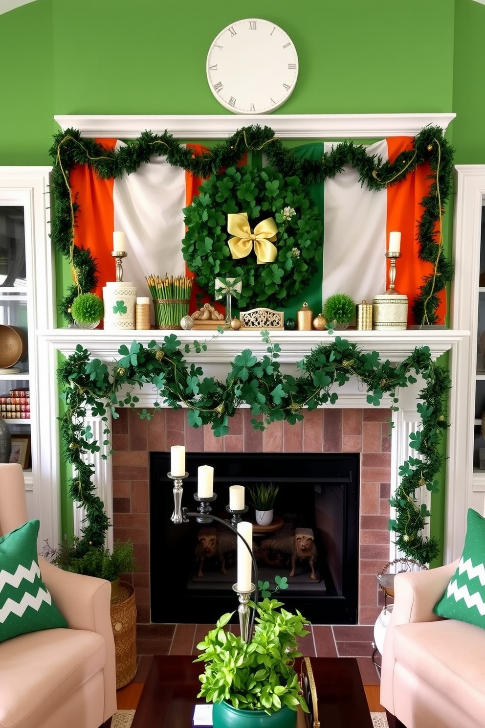 A cozy living room adorned with decorations inspired by the Irish flag colors. The walls are painted in vibrant green, white, and orange, creating a festive atmosphere for St. Patrick's Day. A beautifully decorated mantel features a mix of green and gold accents, with shamrock garlands draped elegantly. On the mantel, small potted plants in shades of green and white candles add a warm touch to the holiday decor.