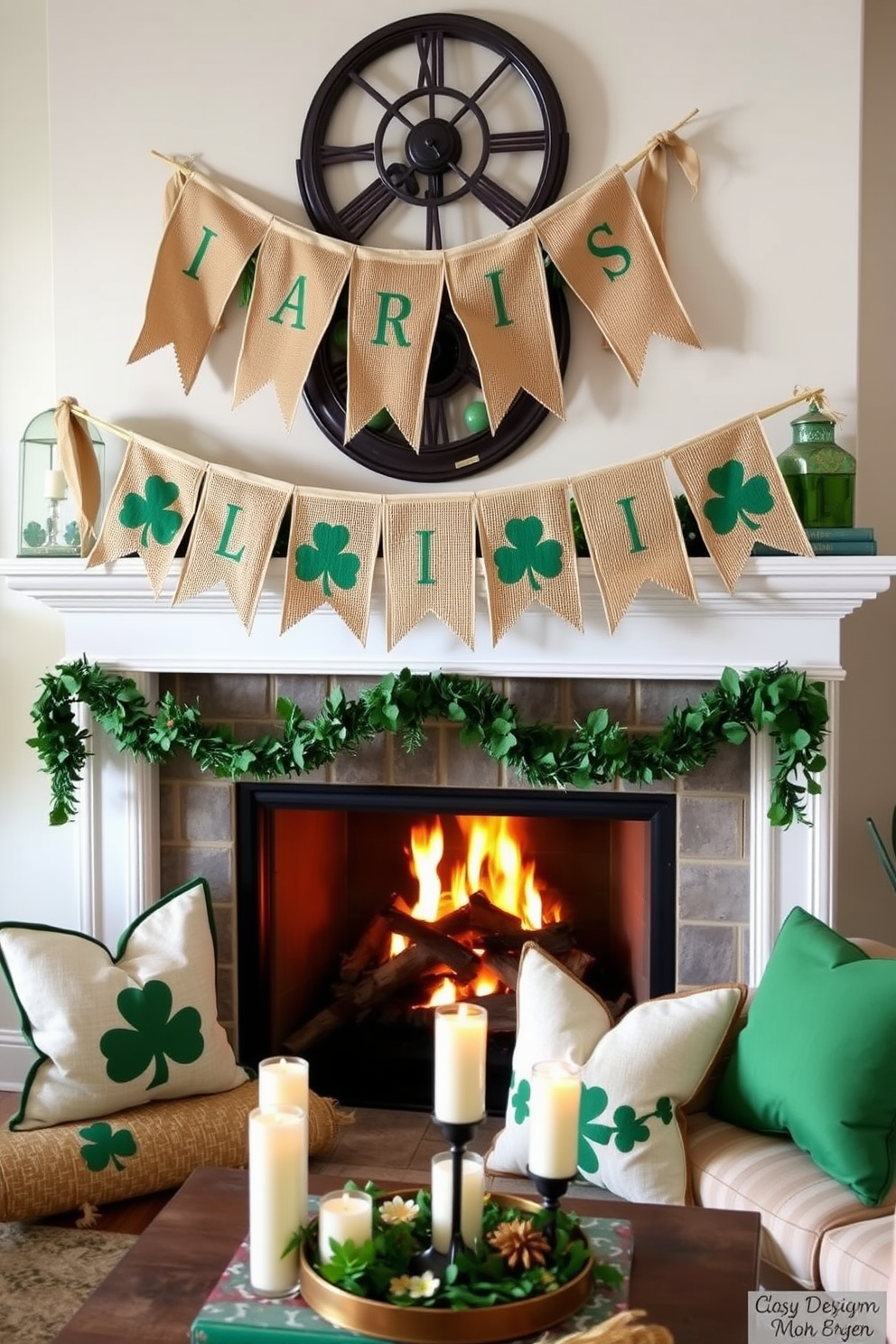 A cozy living room adorned with burlap banners that add a rustic touch. The banners are draped elegantly across the mantel, enhancing the festive atmosphere for St. Patrick's Day. Green and gold accents are sprinkled throughout the decor, including shamrock-themed pillows and a garland of clovers. A warm, inviting fireplace serves as the focal point, surrounded by candles and seasonal decorations.