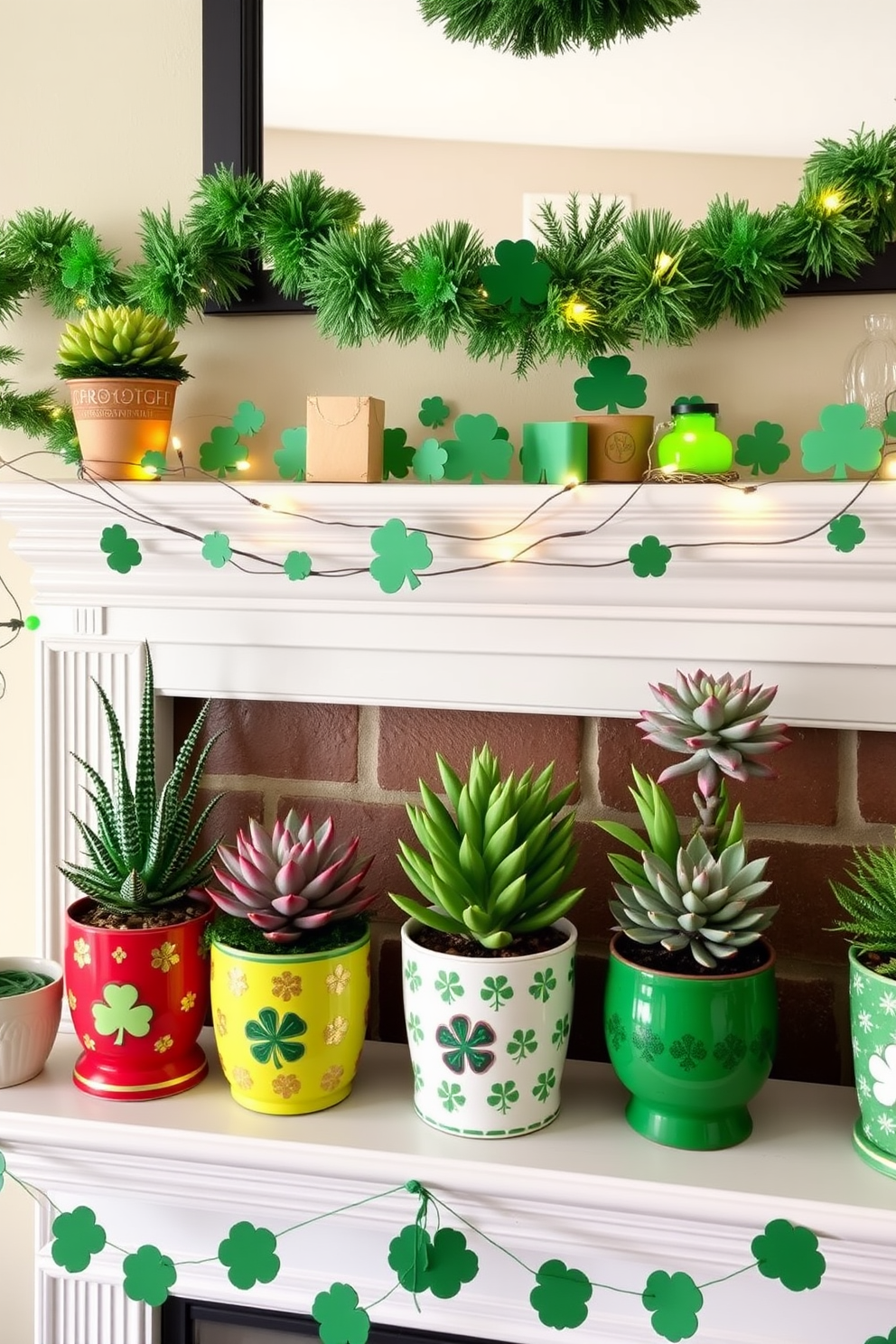 A vibrant display of succulent arrangements in festive pots. Each pot features unique designs and colors, enhancing the overall charm of the setting. The mantel is adorned with St. Patrick's Day decorations, showcasing green accents and playful motifs. A mix of garlands, shamrocks, and twinkling lights creates a cheerful atmosphere.