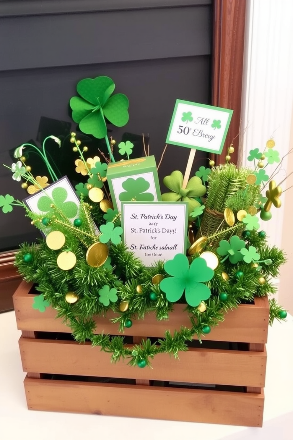 A charming wooden crate brimming with seasonal decorations for St. Patrick's Day. The crate features green shamrocks, golden coins, and festive garlands, creating a delightful centerpiece for a mantel display.