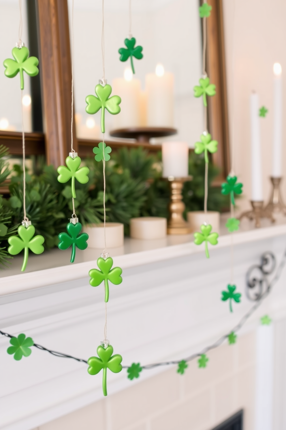 A charming mantel decorated for St. Patrick's Day features hanging shamrock ornaments in various shades of green. The ornaments are delicately arranged to create a festive and inviting atmosphere, complemented by a backdrop of soft white candles.