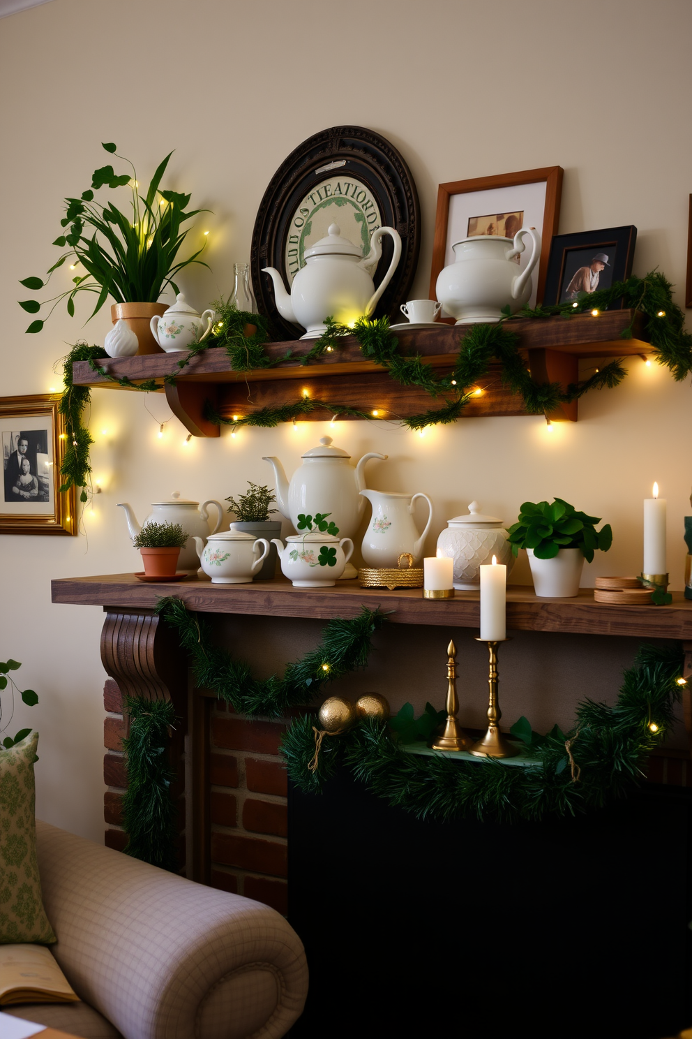 A charming living room adorned with vintage tea sets as decorative accents. The tea sets are displayed on a rustic wooden shelf, surrounded by potted plants and framed photographs. A cozy mantel decorated for St. Patrick's Day with green garlands and twinkling fairy lights. On the mantel, there are also gold and white candles alongside small pots of shamrocks for a festive touch.