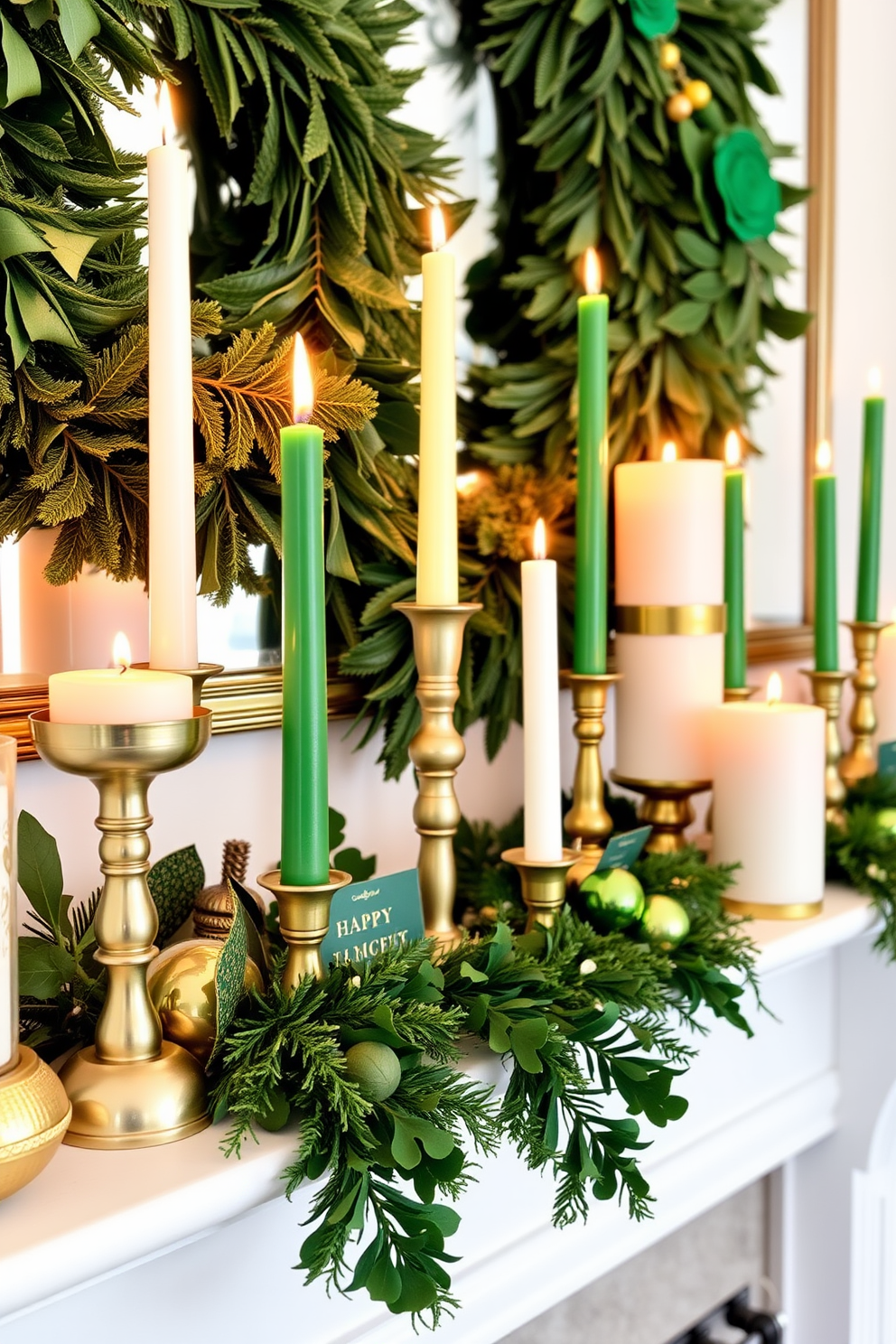 A charming mantel adorned with green and gold candle arrangements creates a festive atmosphere. The candles vary in height and are surrounded by lush greenery and gold accents, enhancing the St. Patrick's Day theme.