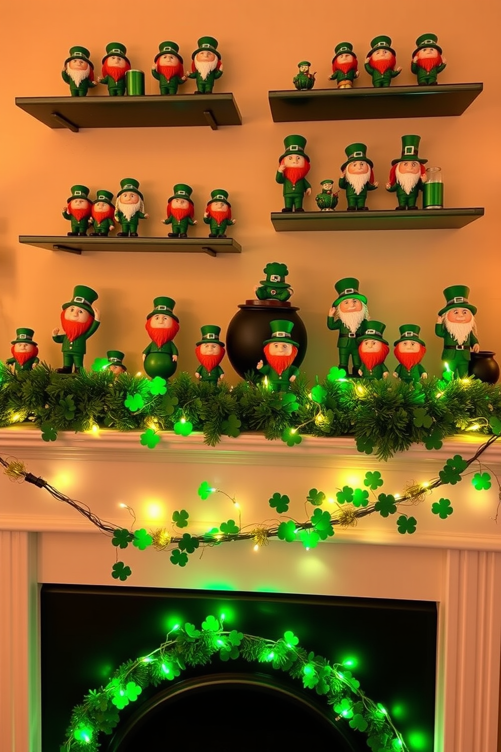 A charming display of miniature leprechaun figurines is arranged on various shelves throughout the room. Each figurine is uniquely designed, showcasing vibrant colors and playful expressions that capture the spirit of St. Patrick's Day. The mantel is adorned with green and gold accents, creating a festive atmosphere. Decorative shamrocks and twinkling fairy lights complete the look, inviting warmth and cheer to the space.