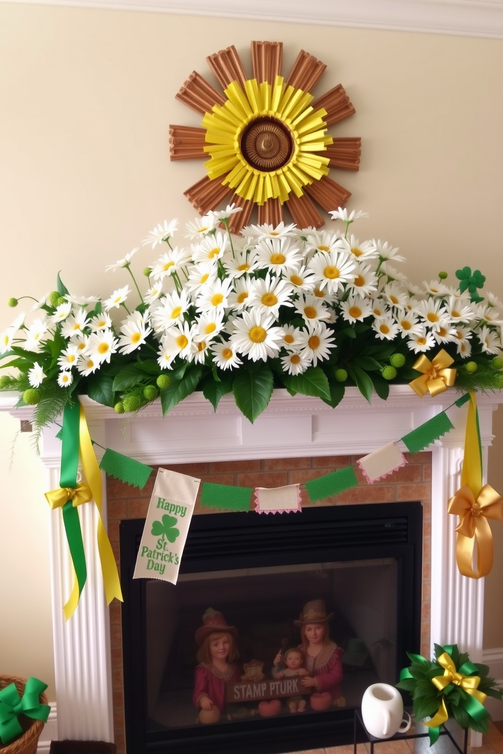 A charming mantel adorned with vibrant floral arrangements featuring white daisies. The decor celebrates St. Patrick's Day with touches of green and gold, including shamrocks and festive ribbons.