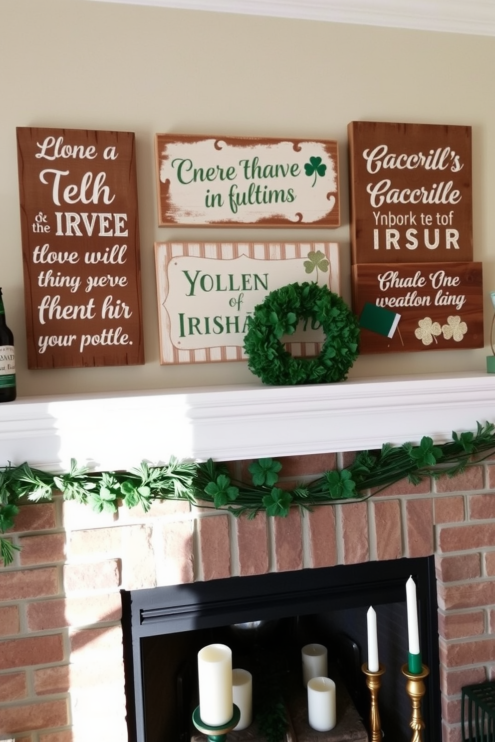 Rustic wooden signs adorned with charming Irish sayings hang above a cozy fireplace. The mantel is decorated with green and gold accents, featuring shamrocks and candles to celebrate St. Patrick's Day.