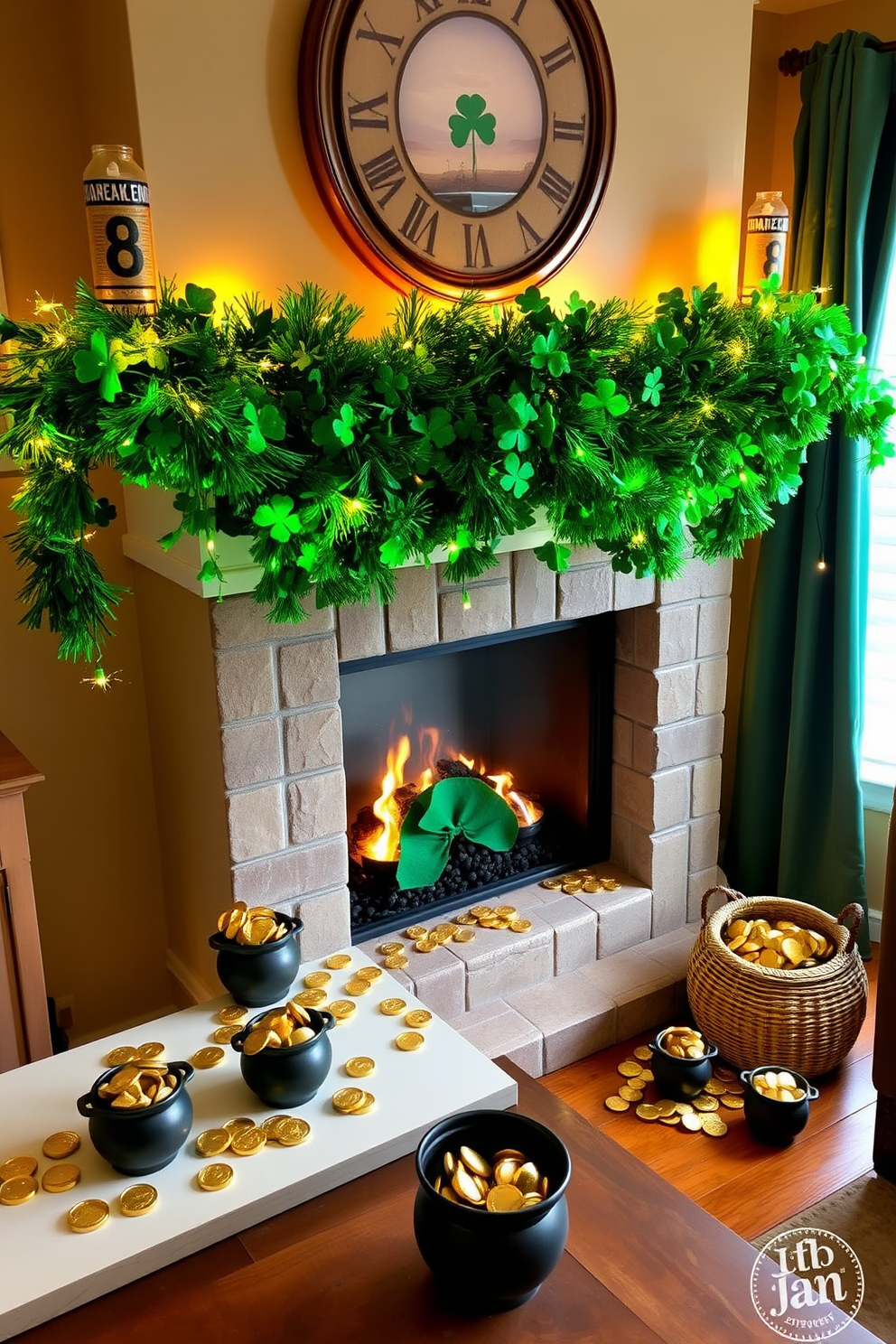 A cozy living room adorned for St. Patrick's Day features a charming mantel decorated with pots of gold chocolate coins scattered artfully across its surface. Above the mantel, a vibrant green garland with shamrocks adds a festive touch, while twinkling fairy lights create a warm and inviting ambiance.