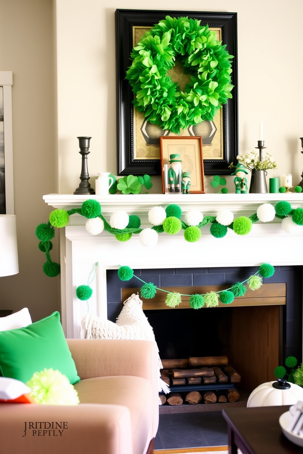 A cozy living room setting featuring a fireplace mantel adorned with green and white pom-pom accents. The mantel is decorated with festive St. Patrick's Day elements including shamrock garlands and small decorative leprechauns.