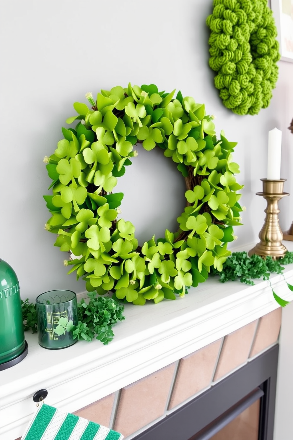 Create a charming mantel adorned with a DIY shamrock wreath as the focal point. The wreath is lush and vibrant, crafted from various shades of green, and is complemented by small golden accents to celebrate St. Patrick's Day.