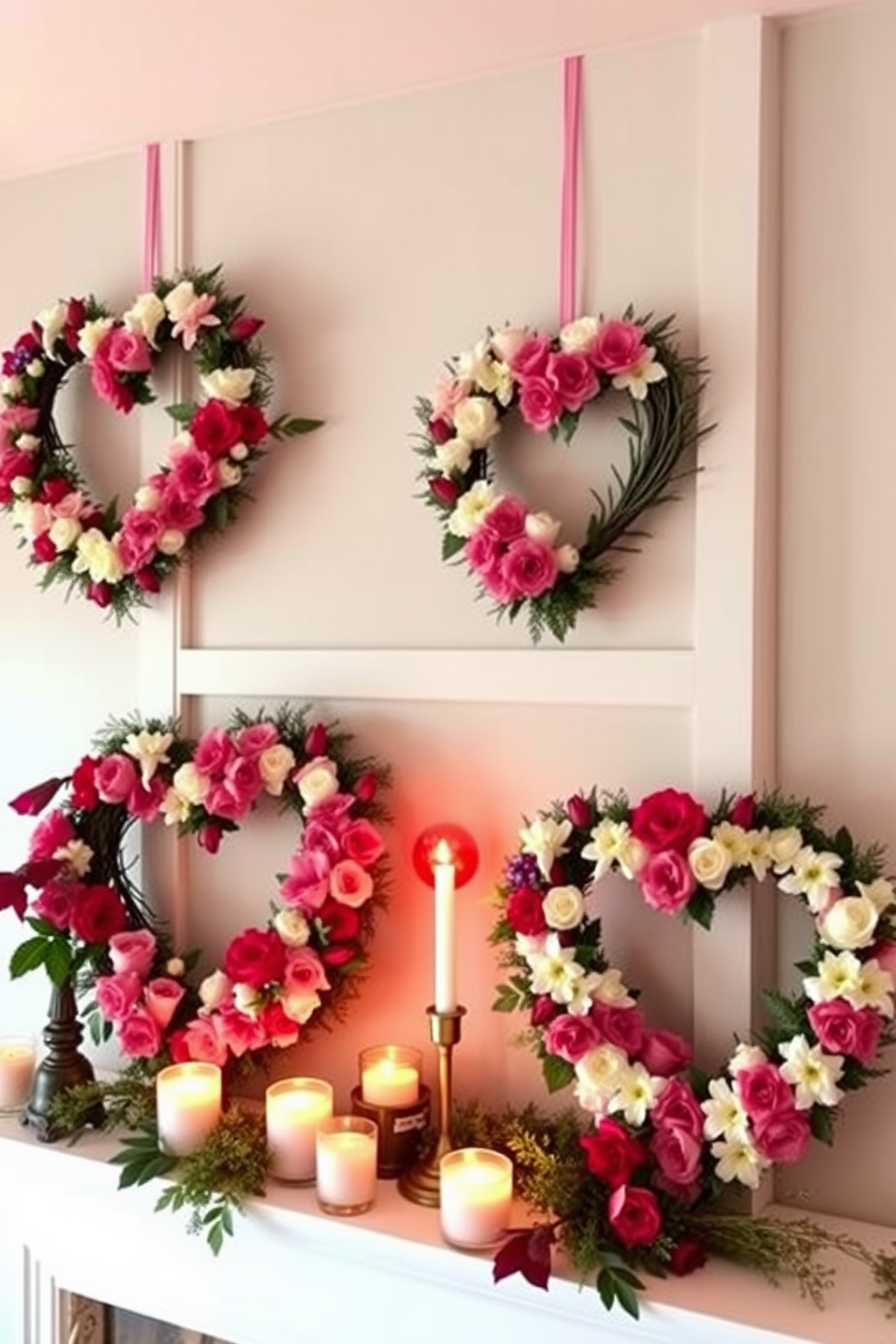 Heart-shaped wreaths adorned with fresh flowers hang gracefully above the mantel. The warm glow of candles complements the vibrant colors of the blooms, creating a romantic atmosphere for Valentine's Day.