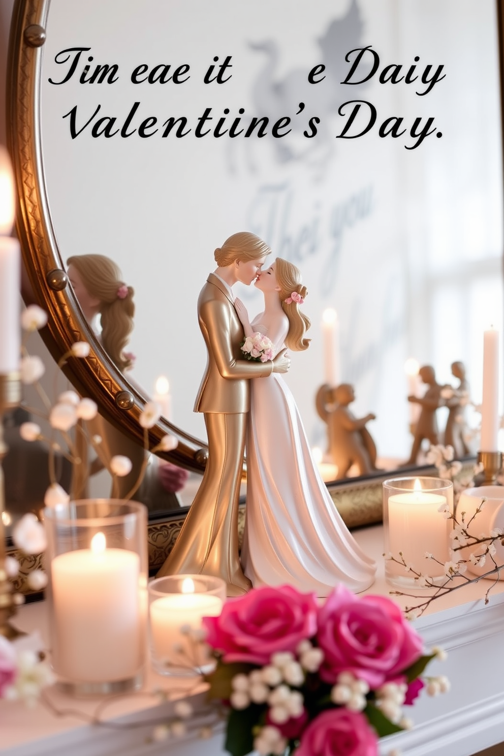 Create a charming mantel display for Valentine's Day featuring two elegant kissing couple figurines. Surround the figurines with soft candlelight and delicate floral arrangements to enhance the romantic atmosphere.