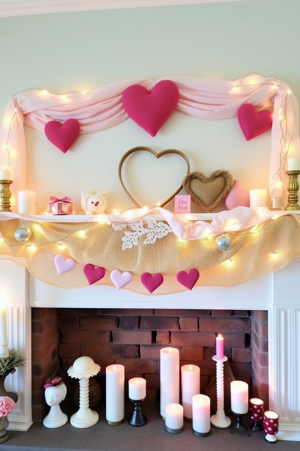 A cozy mantel decorated for Valentine's Day features layered fabric in soft pastels, combining delicate lace with rustic burlap for a charming contrast. Adorning the mantel are heart-shaped decorations, twinkling fairy lights, and a collection of seasonal candles to create a warm and inviting atmosphere.