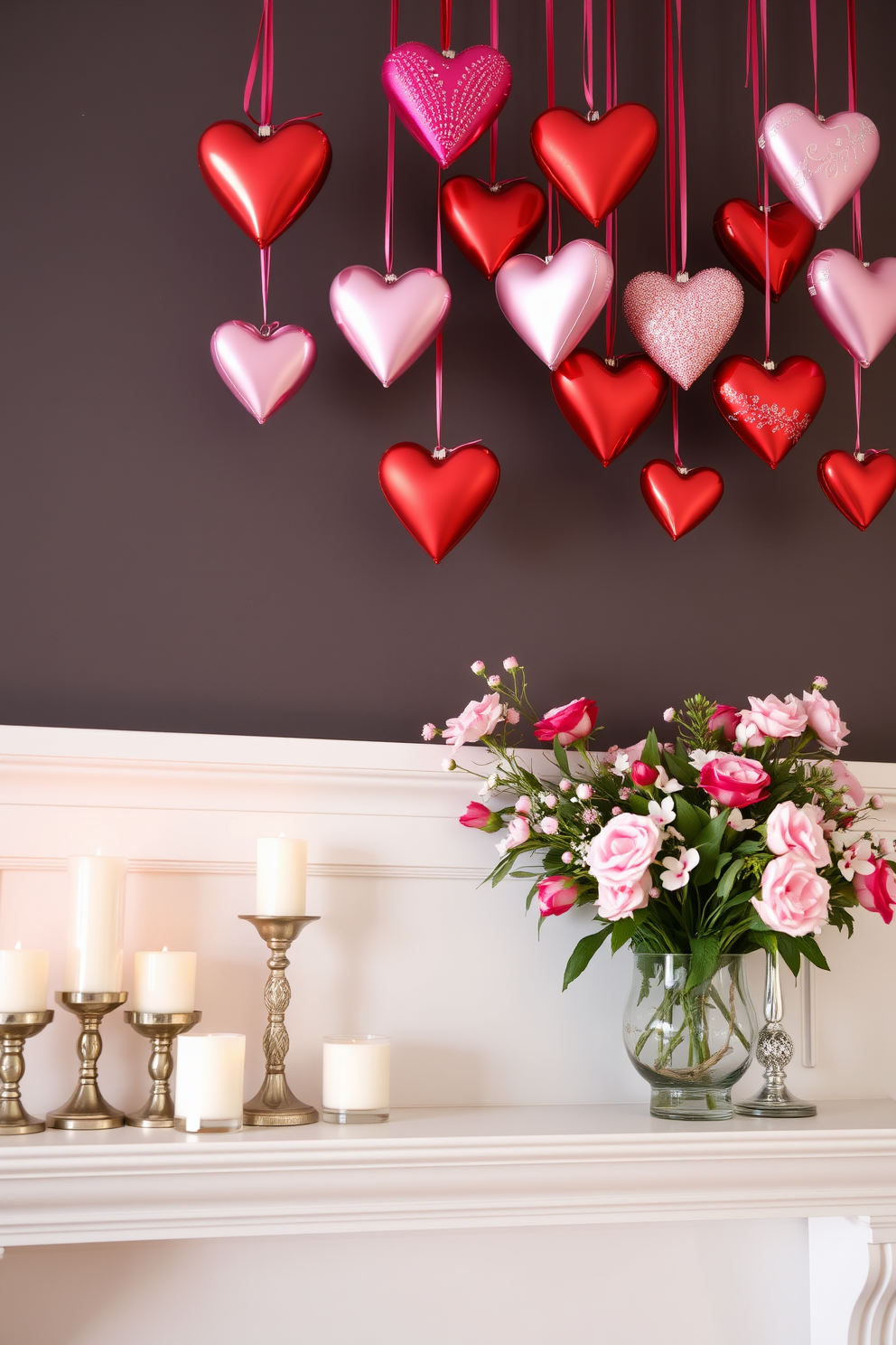 A charming Valentine's Day setting. Heart-shaped ornaments in various shades of red and pink hang gracefully from above the mantel, creating a festive and romantic atmosphere. The mantel is adorned with a collection of candles in elegant holders, casting a warm glow. Fresh flowers in a vase add a touch of natural beauty, complementing the holiday theme.