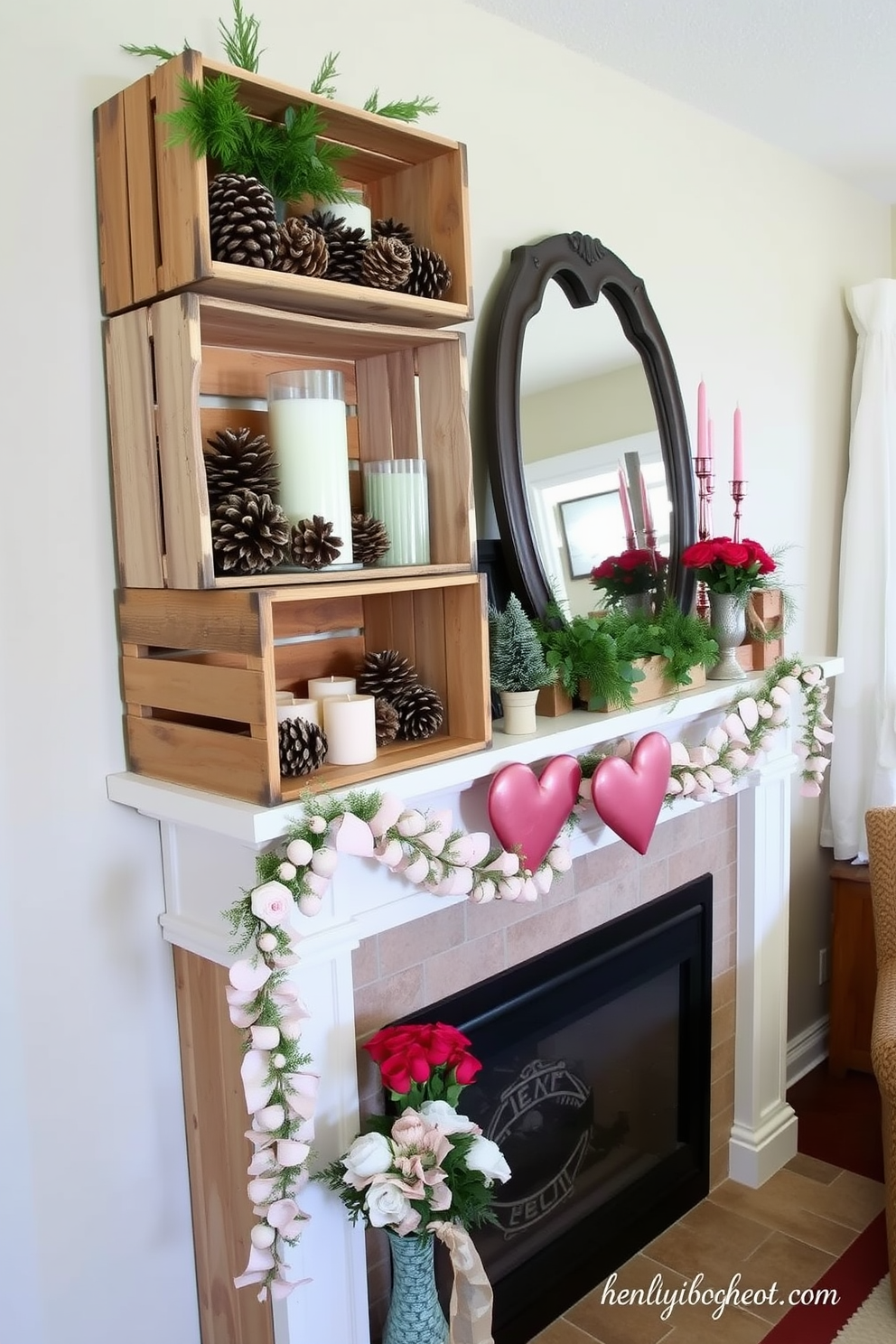 Rustic wooden crates filled with seasonal decor create a cozy and inviting atmosphere. The crates are stacked at varying heights, adorned with pinecones, candles, and fresh greenery for a natural touch. For Valentine's Day decorating ideas, the mantel is elegantly styled with soft pink and red accents. Heart-shaped garlands drape gracefully, while decorative candles and small bouquets of roses add a romantic flair.