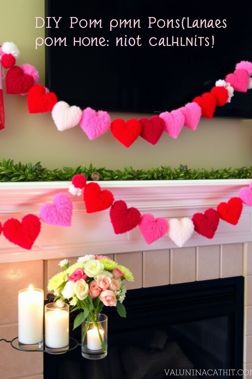 A cozy mantel adorned with DIY pom pom heart garlands creates a festive atmosphere for Valentine's Day. The garlands feature vibrant colors and varying sizes of pom poms, draping elegantly across the mantel. Surrounding the garlands, soft candles in glass holders add a warm glow to the scene. Fresh flowers in a vase complement the decorations, enhancing the romantic vibe of the space.