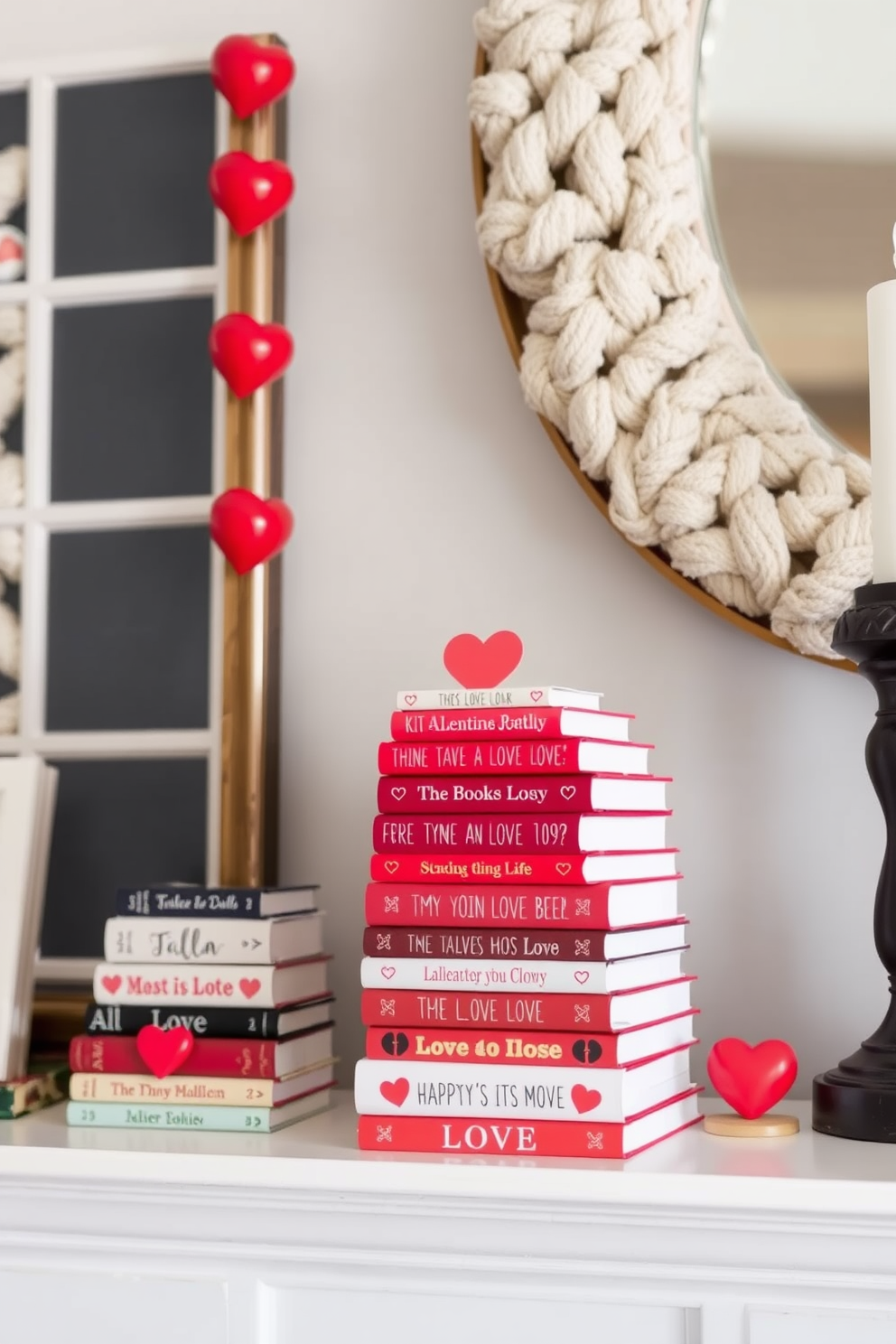 A charming mantel adorned with a collection of mini love-themed books stacked decoratively. The books are arranged in varying heights and colors, creating an inviting focal point for Valentine's Day decorations.