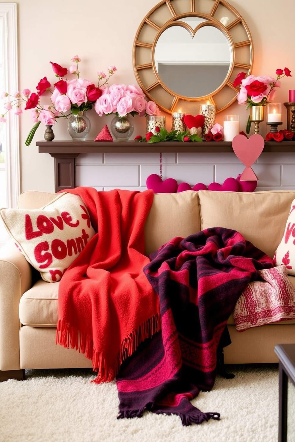 A cozy living room setting adorned with seasonal throw blankets in vibrant hues draped over a plush sofa. The blankets feature bold patterns and rich colors that add warmth and character to the space. A beautifully styled mantel decorated for Valentine's Day with an array of romantic accents. Soft pink and red flowers in elegant vases complement heart-shaped decor and flickering candlelight, creating an inviting atmosphere.