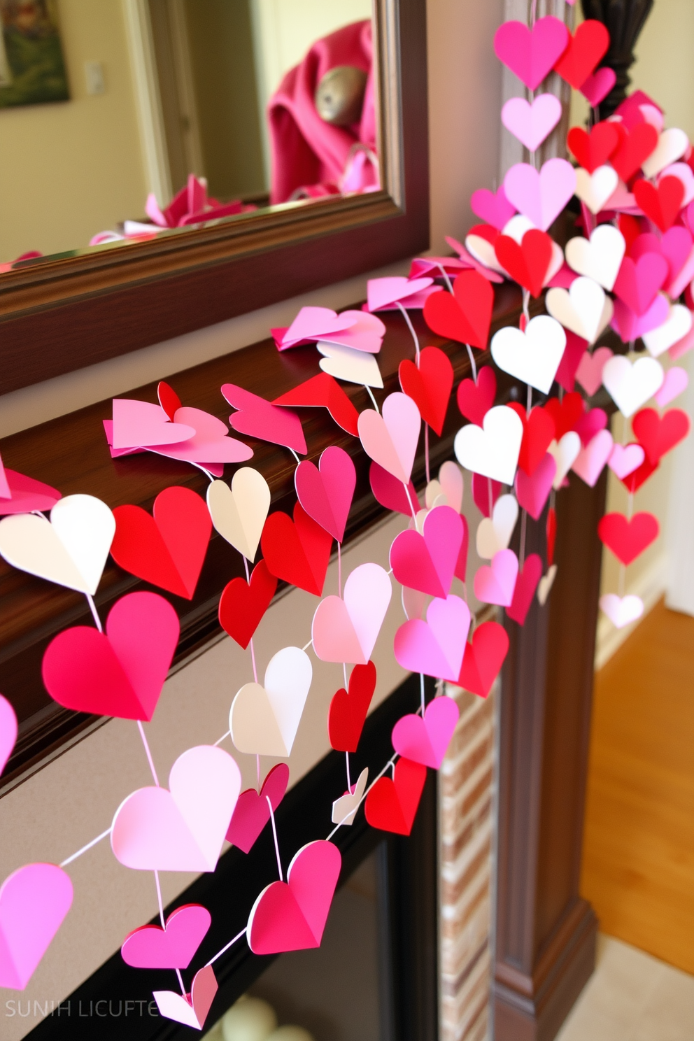 A vibrant display of colorful paper hearts strung together as garland cascades across the mantel. The hearts in various shades of pink, red, and white create a festive atmosphere perfect for Valentine's Day celebrations.