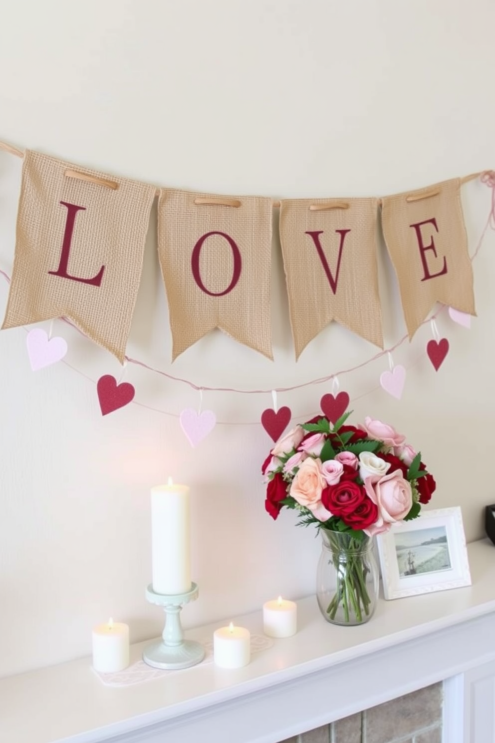 Burlap banners with love messages hang gracefully across the mantel, adding a rustic charm to the Valentine's Day decor. The warm tones of the burlap contrast beautifully with the soft glow of candles placed on the mantel, creating an inviting atmosphere. Delicate heart-shaped garlands are intertwined with the banners, enhancing the romantic theme of the display. Fresh flowers in shades of pink and red are arranged in a vase on the mantel, completing the festive look for the celebration.