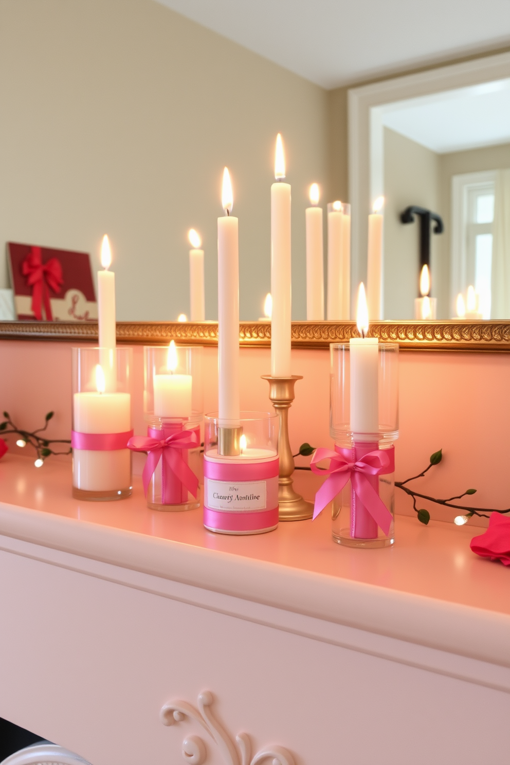 Candle holders wrapped in delicate ribbon are arranged on a beautifully styled mantel. The warm glow of the candles enhances the romantic atmosphere, creating an inviting setting for Valentine's Day celebrations.