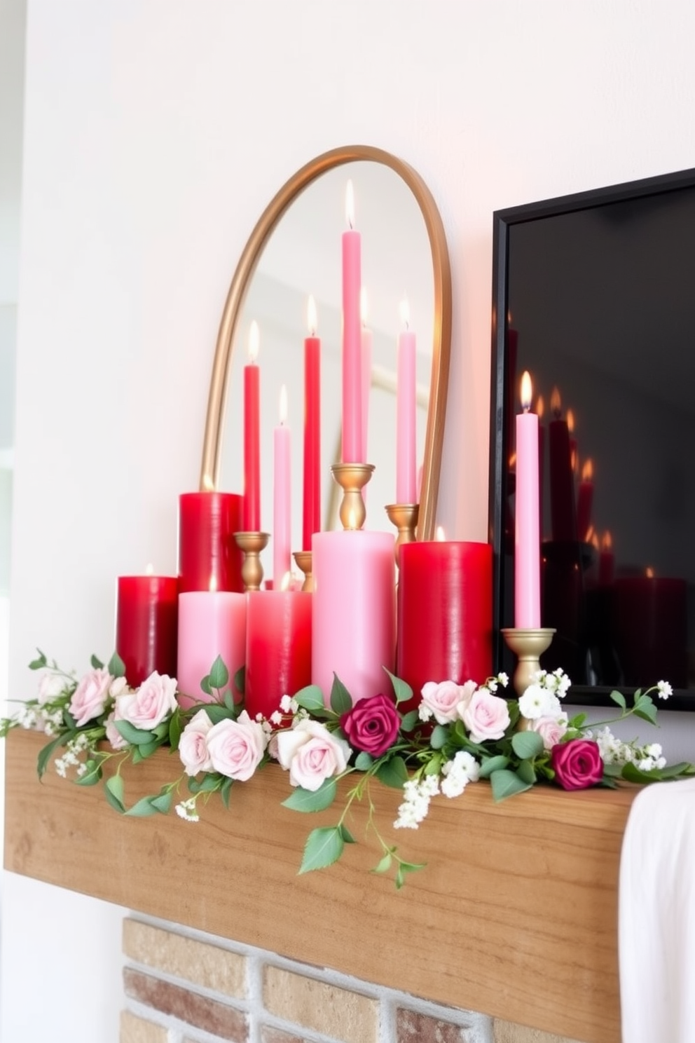 Create an inviting mantel display for Valentine's Day featuring an arrangement of red and pink candles in varying heights. The candles are placed on a rustic wooden mantel, surrounded by delicate floral accents and soft greenery to enhance the romantic atmosphere.