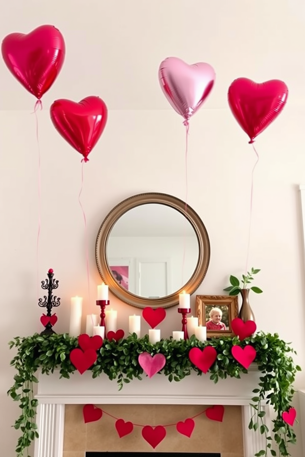 Heart-shaped balloons float gently above a beautifully decorated mantel. The mantel is adorned with an array of romantic accents including candles, framed photos, and lush greenery for a warm Valentine's Day atmosphere.