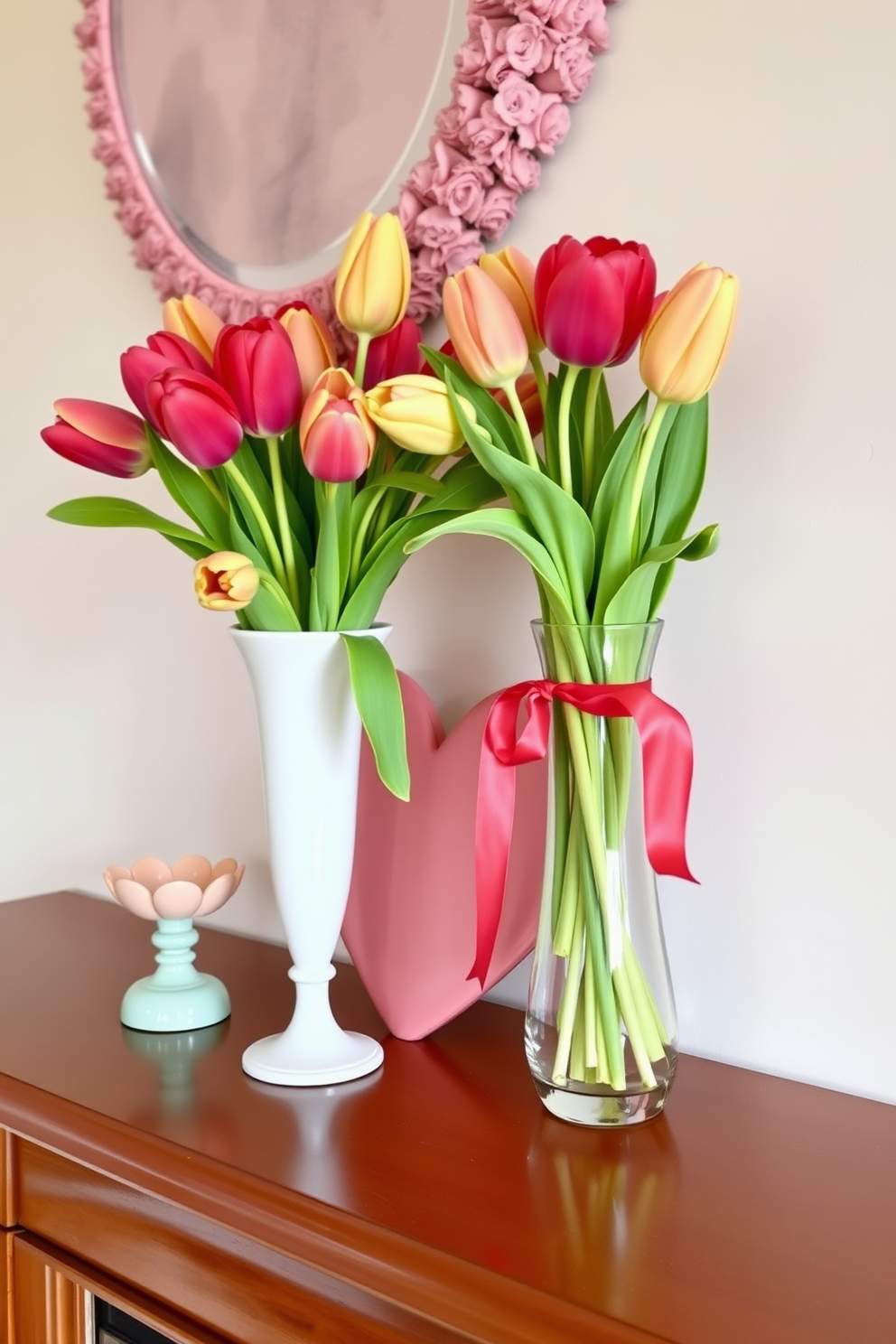 Elegant vases filled with tulips stand gracefully on a polished wooden mantel. The vibrant colors of the tulips contrast beautifully with the soft pastel decor of the Valentine's Day theme.