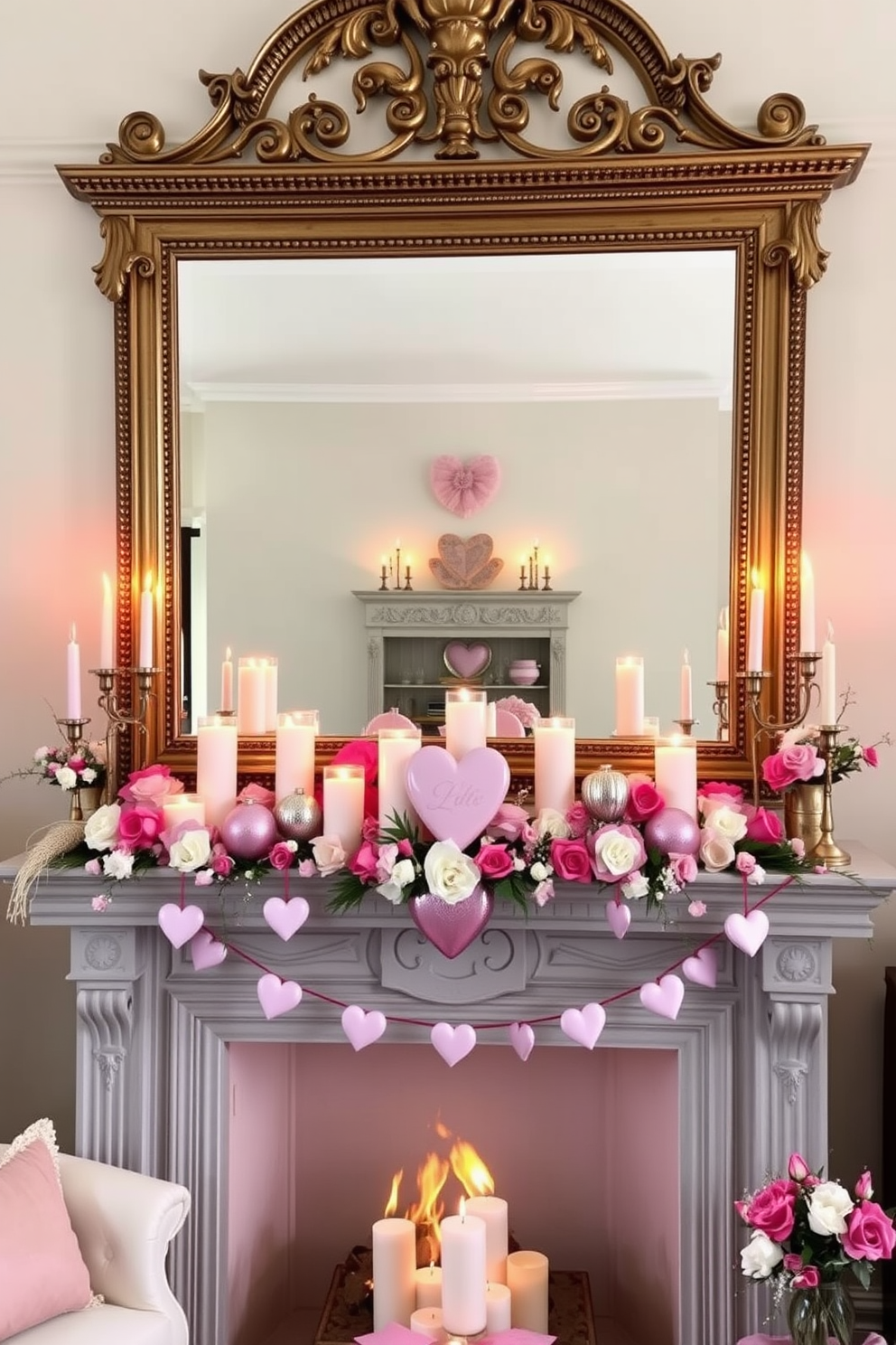 A cozy living room featuring a stunning fireplace mantel adorned with an array of Valentine's Day decorations. The mantel showcases a mix of romantic candles, heart-shaped ornaments, and fresh flowers in soft pink and white hues. Creative use of mirrors enhances the space by reflecting the warm glow of the candles and the vibrant colors of the decorations. A large, ornate mirror hangs above the mantel, creating depth and drawing the eye to the beautifully arranged decor.