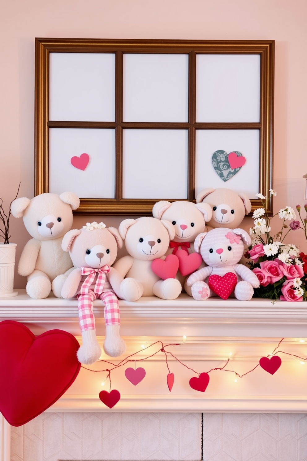 Whimsical stuffed animals are playfully arranged on a cozy mantel, creating a cheerful and inviting atmosphere. Soft pastel colors and charming patterns enhance the festive spirit, making it a perfect setting for Valentine's Day celebrations. Delicate heart-shaped decorations and fresh flowers are artfully placed alongside the stuffed animals, adding a romantic touch to the display. Warm ambient lighting casts a gentle glow, highlighting the playful elements and creating a whimsical focal point for the room.