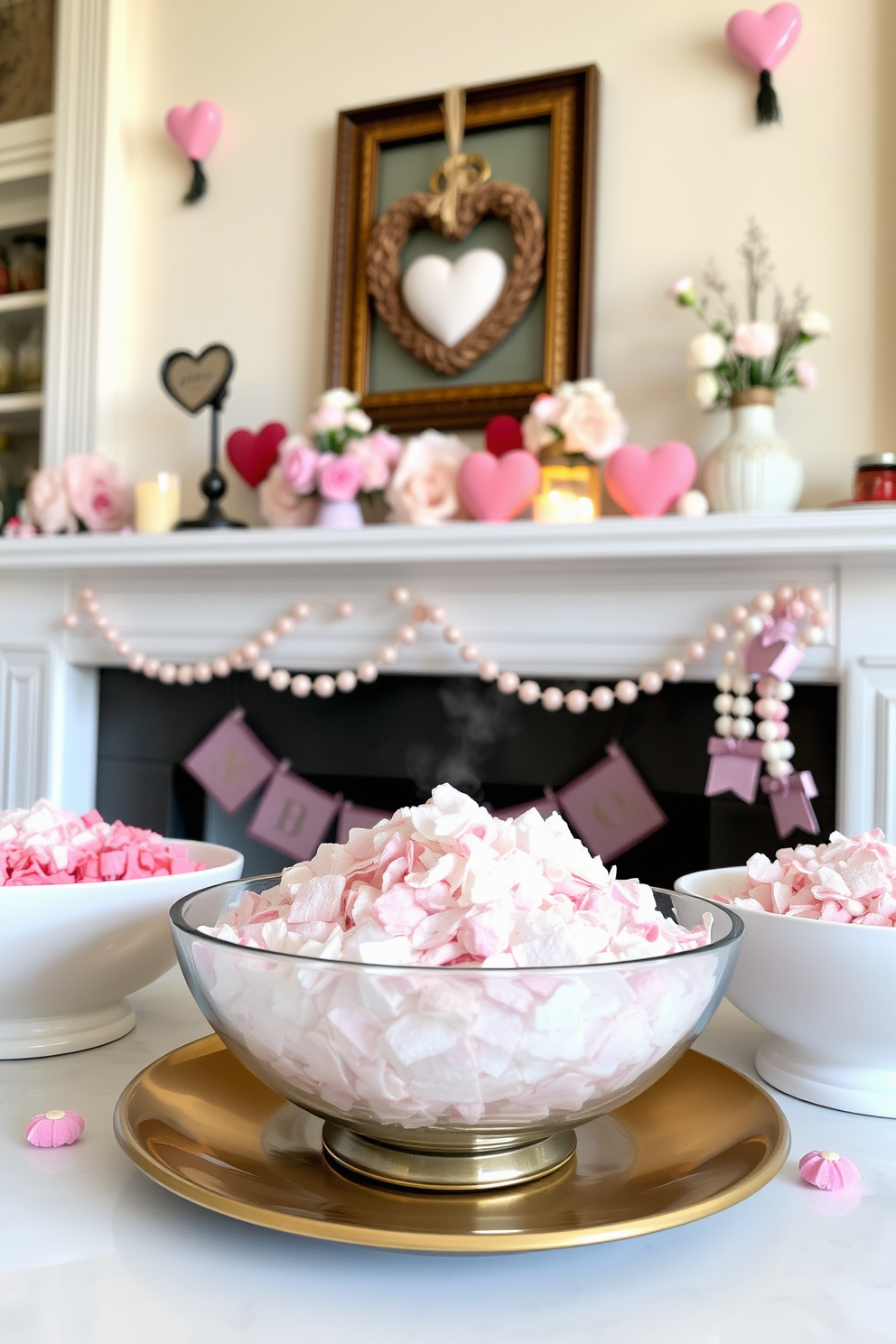 Fragrant potpourri fills decorative bowls placed strategically around the room, releasing a soothing aroma that enhances the ambiance. The bowls are crafted from elegant materials, adding a touch of sophistication to the decor. The mantel is adorned with charming Valentine's Day decorations, featuring soft pastel colors and romantic accents. Heart-shaped ornaments and delicate floral arrangements create a warm and inviting atmosphere perfect for the celebration.