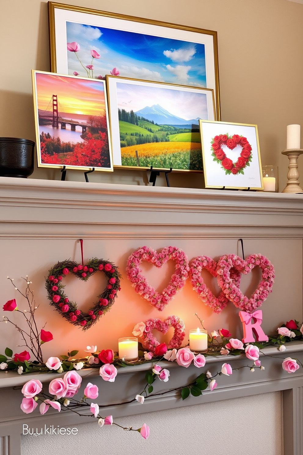 Seasonal art prints displayed on elegant easels create a vibrant and inviting atmosphere. The prints feature colorful landscapes and abstract designs that reflect the changing seasons. The mantel is beautifully adorned with Valentine's Day decorations, showcasing heart-shaped wreaths and soft candlelight. Delicate floral arrangements in shades of pink and red add a romantic touch to the overall design.