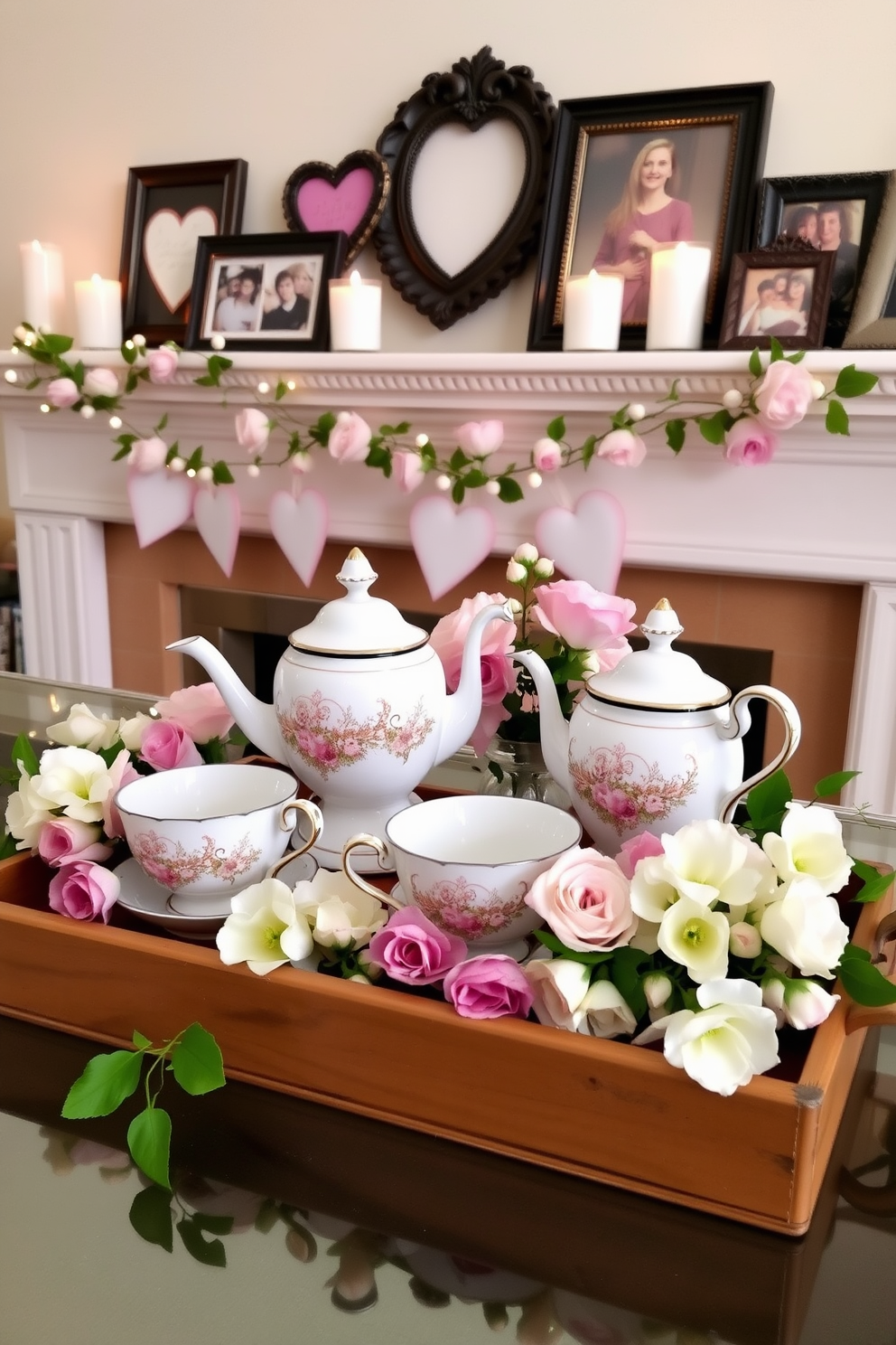 Charming tea sets displayed with flowers. The delicate china teacups are arranged on a vintage wooden tray, surrounded by fresh blooms in soft pastel colors. Mantel Valentines Day Decorating Ideas. The mantel is adorned with heart-shaped garlands and flickering candles, complemented by a collection of romantic framed photos.