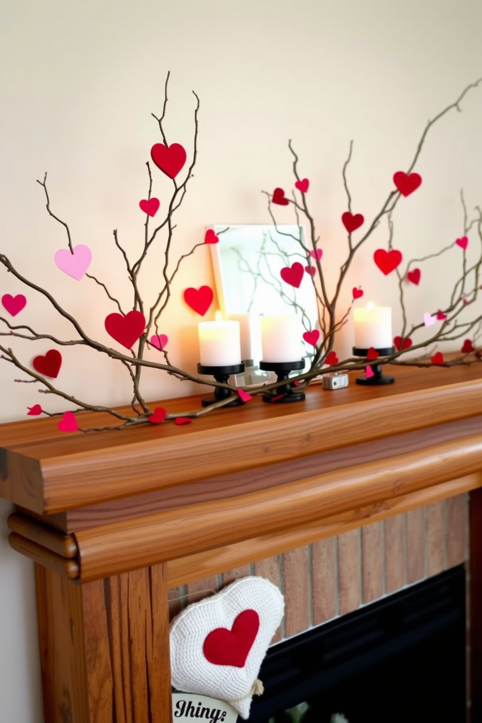 A cozy rustic mantel decorated for Valentine's Day features branches adorned with heart-shaped accents. The warm wood tones of the mantel complement the soft glow of candles placed among the branches, creating an inviting atmosphere.