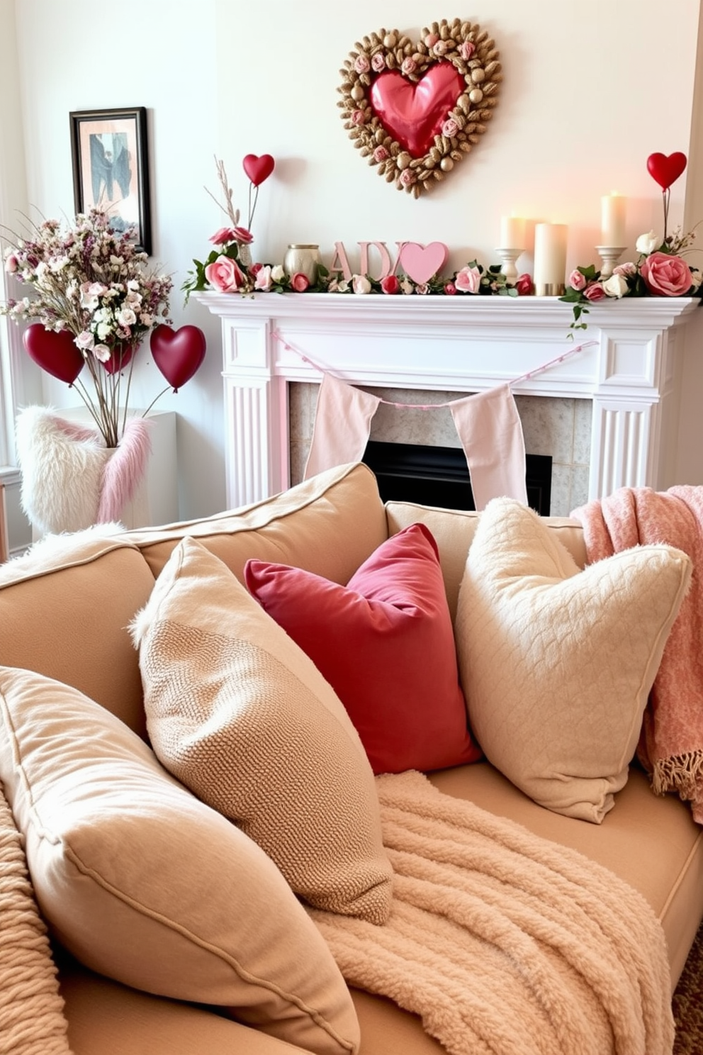 A cozy living room setting filled with layered textures. Plush pillows in various shades and patterns are scattered across a deep sofa, while soft throws drape elegantly over the armrests. The mantel is beautifully decorated for Valentine's Day. Heart-shaped decor, delicate candles, and fresh flowers create a romantic atmosphere that enhances the warmth of the space.