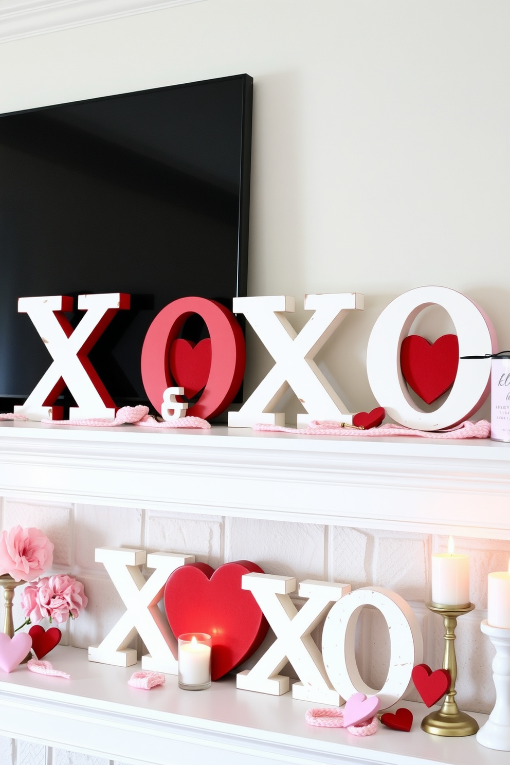 Create a romantic mantel display for Valentine's Day featuring XOXO wooden signs in varying sizes. The signs are artistically arranged among soft pink and red accents, including heart-shaped decorations and flickering candles.