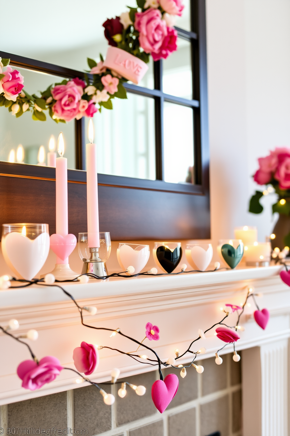 A cozy mantel decorated for Valentine's Day features votive candles in heart-shaped holders. The soft glow of the candles creates a romantic ambiance, complemented by delicate garlands of faux flowers and twinkling fairy lights.