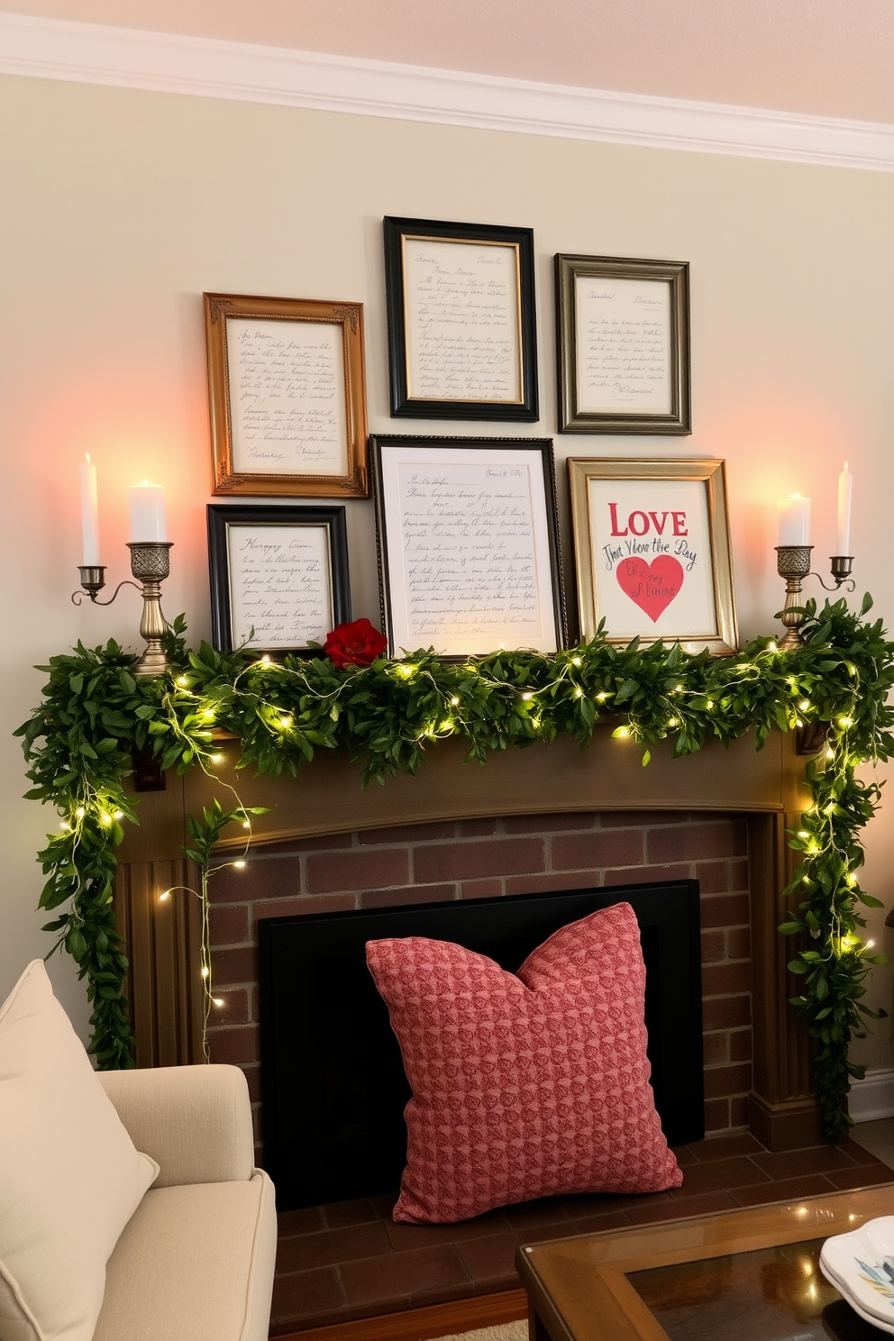 A cozy living room setting adorned with vintage love letters displayed in decorative frames. The frames are arranged artistically on a rustic mantel, creating a charming focal point for Valentine's Day. Soft candlelight flickers from elegant candlesticks placed on either side of the mantel. A lush garland of greenery entwined with delicate fairy lights adds a romantic touch to the decor.