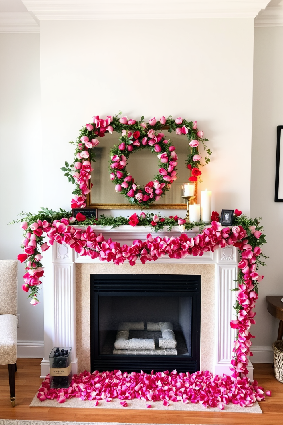 A charming mantel adorned with rose petal garlands creates a romantic atmosphere for Valentine's Day. Soft hues of pink and red blend beautifully with the natural greenery, enhancing the overall elegance of the decor.