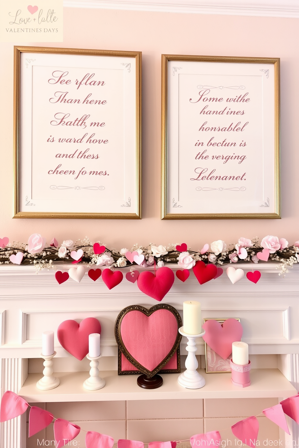 Framed romantic quotes in soft colors are elegantly displayed on a pastel wall. Each frame features delicate designs that enhance the overall warmth and charm of the space. The mantel is adorned with a variety of Valentine's Day decorations, including heart-shaped garlands and candle holders. Soft pink and cream accents create a cozy and inviting atmosphere perfect for celebrating love.