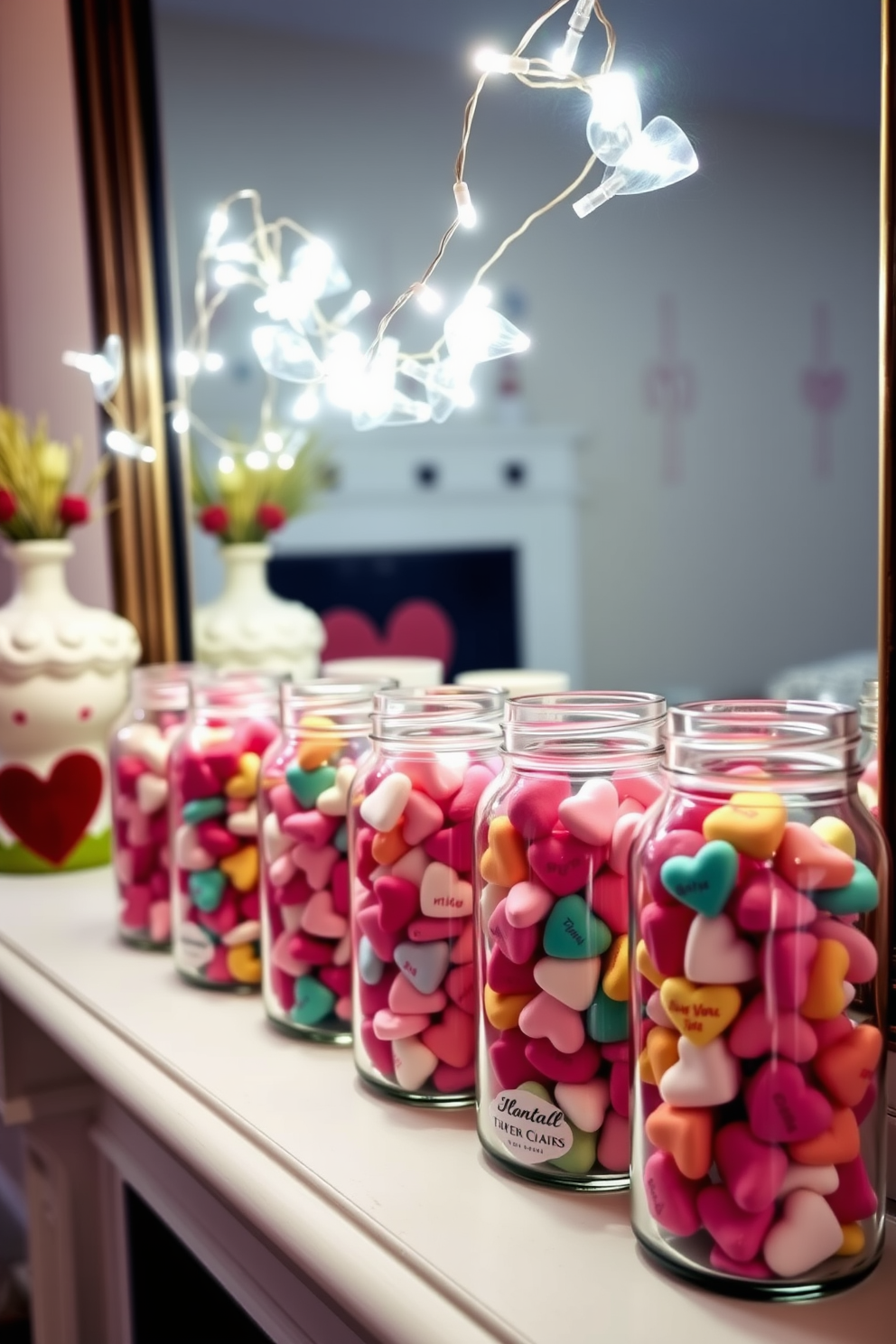 A charming mantel decorated for Valentine's Day features an array of glass jars filled with colorful conversation hearts. The jars are arranged in varying heights, creating visual interest, while soft fairy lights twinkle gently above them.