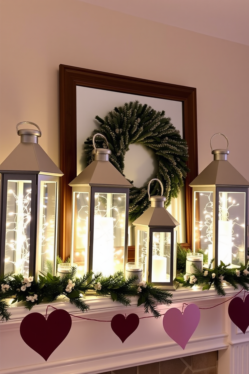 Chic lanterns filled with delicate fairy lights create a warm and inviting atmosphere. The mantel is beautifully adorned with these lanterns, surrounded by seasonal decorations that celebrate Valentine's Day.