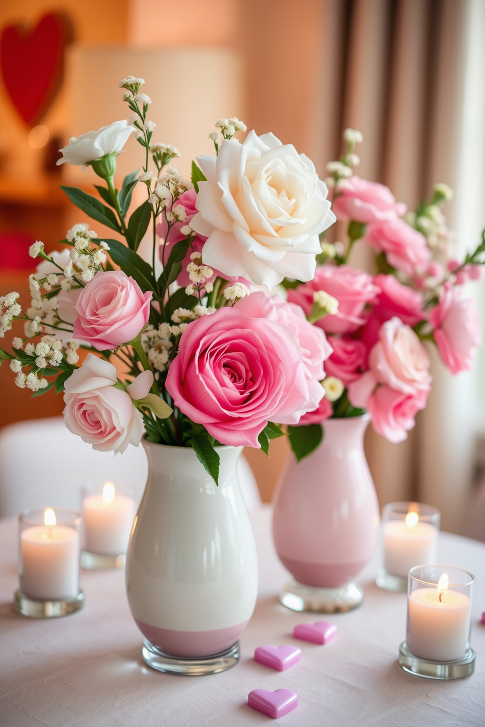 Floral arrangements in pastel vases create a soft and inviting atmosphere. The delicate colors of the flowers complement the elegant design of the vases, adding a touch of romance to any space. For Valentine's Day decorating ideas, consider using heart-shaped accents and warm lighting. Incorporate candles and soft textiles to enhance the cozy feel of the room.